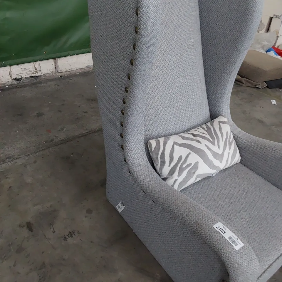DESIGNER HIGH BACKED WINGED NIGHT PORTERS CHAIR GREY FABRIC WITH STUDDED DETAIL 