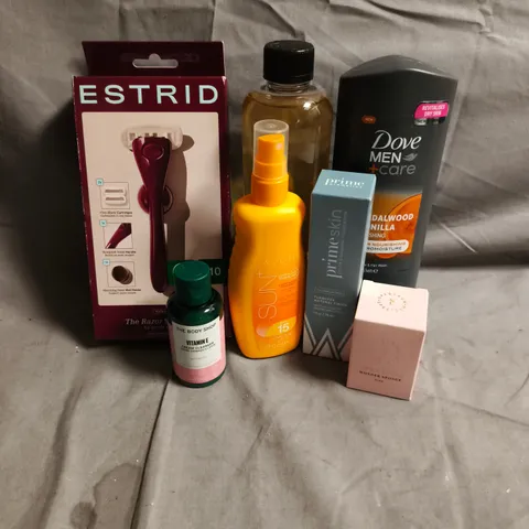 APPROXIMATEY 20 ASSORTED HEALTH AND BEAUTY PRODUCTS TO INCLUDE - DOVE MEN SHOWER WASH - ESTRID RAZOR STARTER KIT - PRIME SKIN COLOUR CHANGING FOUNDATION - ETC