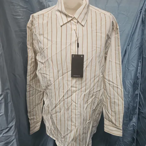 MASSIMO DUTTI STRIPED SHIRT – WHITE WITH BROWN STRIPES – XS – MADE IN MOROCCO