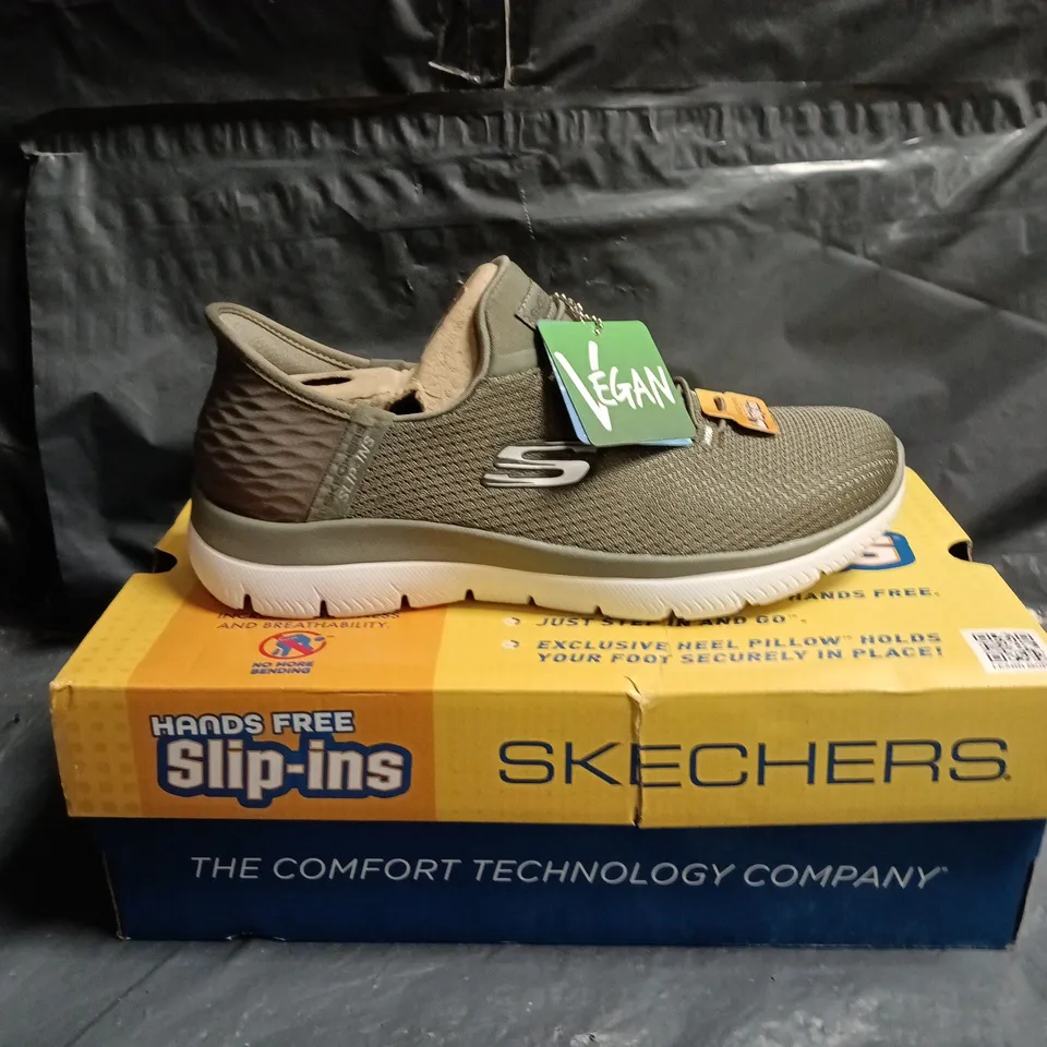 SKECHERS SLIP-INS TRAINERS – OLIVE MESH UPPER, MEMORY FOAM INSOLE SIZE 5