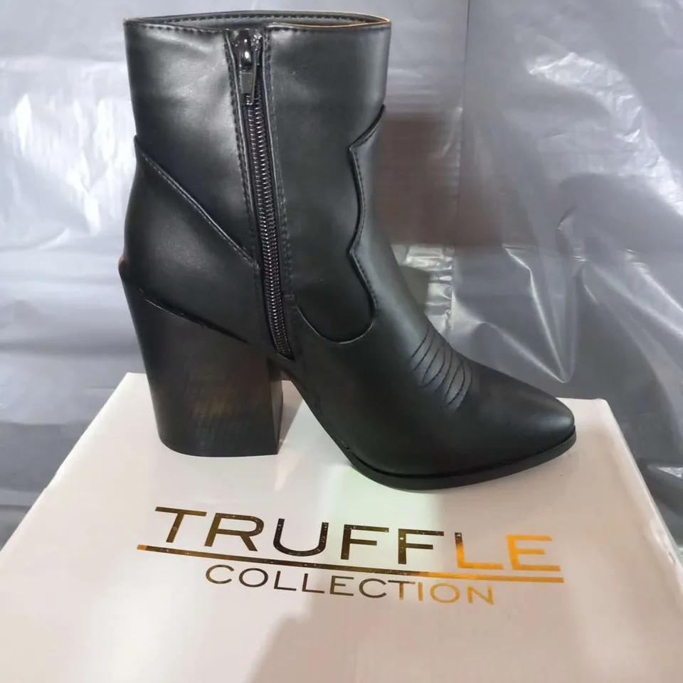 BOXED TRUFFLE BLACK SYNTHETIC ANKLE BOOTS SIZE 3