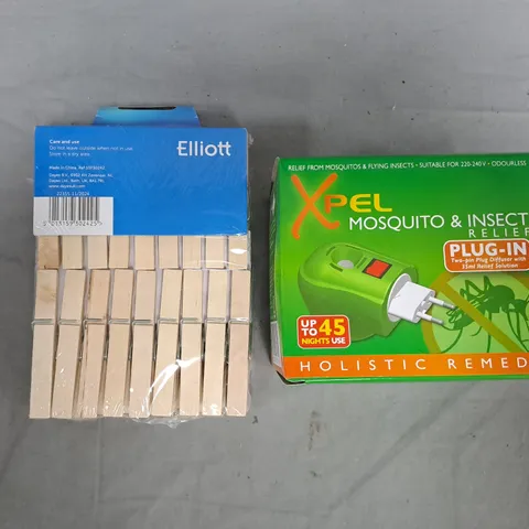 APPROXIMATELY 10 ASSORTED HOUSEHOLD ITEMS TO INCLUDE XPEL INSECT REPELLENT, ELLIOT CLOTHES PEGS, ETC