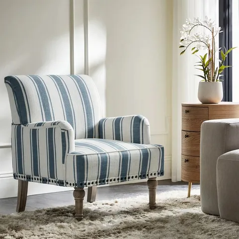 BOXED BATTISTA FARMHOUSE WOODEN UPHOLSTERED ARMCHAIR WITH NAILHEAD TRIM - NAVY