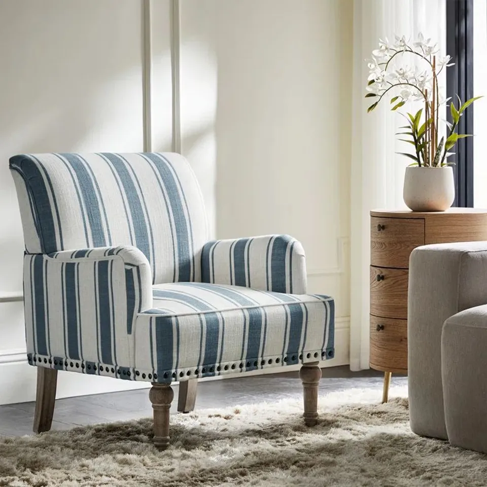 BOXED BATTISTA FARMHOUSE WOODEN UPHOLSTERED ARMCHAIR WITH NAILHEAD TRIM - NAVY