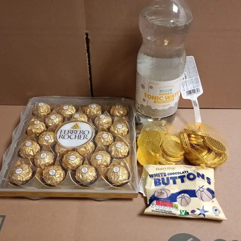 APPROXIMATELY 10 ASSORTED FOOD ITEMS TO INCLUDE TONIC WATER, CHOCOLATE COINS AND FERRERO ROCHER 