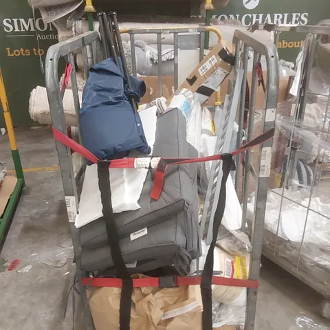 CAGE CONTAINING A LARGE QUANTITY OF ASSORTED ITEMS INCLUDING: CAMPING CHAIR, BLANKET, COLANDER, GARDEN CUSHIONS ECT // CAGE NOT INCLUDED
