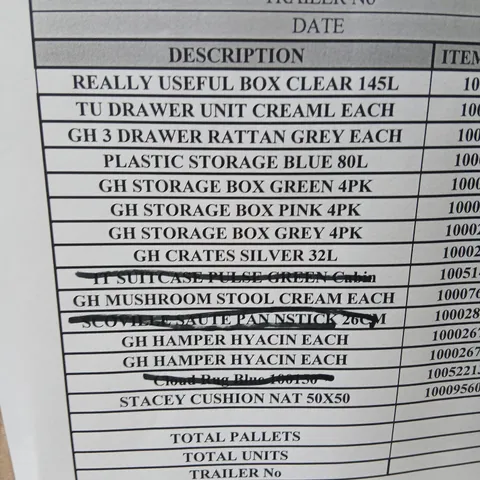 PALLET OF APPROXIMATELY 11 ASSORTED PRODUCTS TO INCLUDE; REALLY USEFUL BOX, DRAWER UNIT, ACCESSORY SET, STORAGE BOX, MUSHROOM STOOL AND STACEY CUSHION