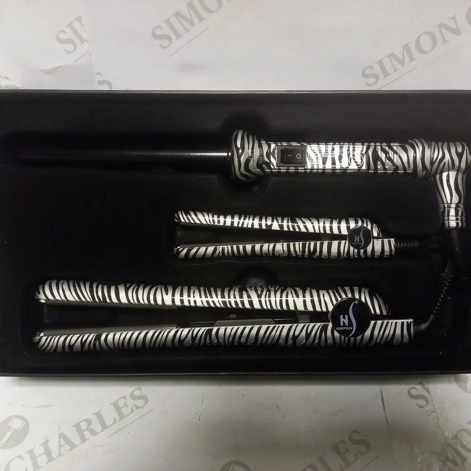 HERSTYLER PLATINUM ZEBRA COMPLETE HAIR SET - HAIR STRAIGHTENER - HAIR CURLER