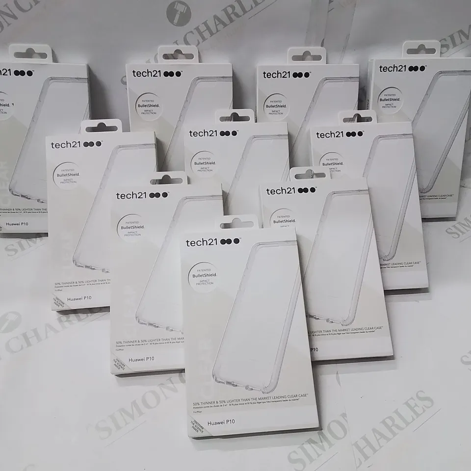 BOX CONTAINING LARGE AMOUNT OF TECH21 BULLETSHIELD IMPACT PROTECTION SCREENS FOR HUAWEI P10 PHONES