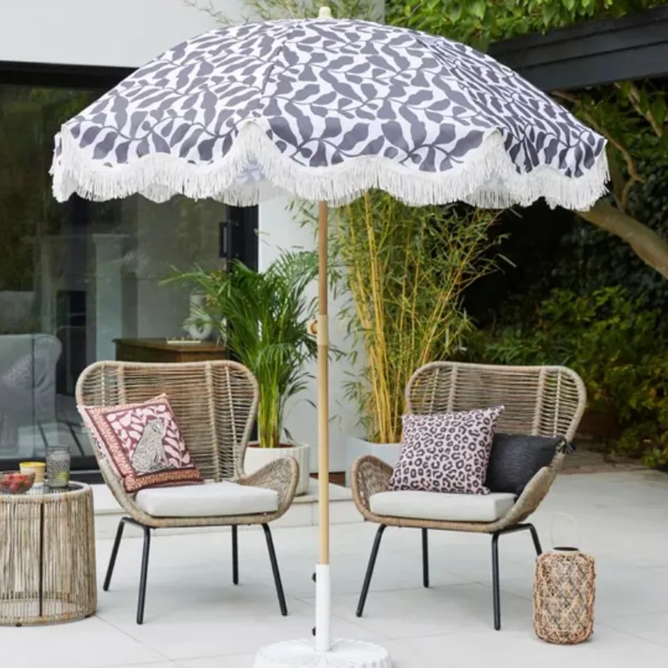 BOXED FOLIA PRINT BEACH PARASOL WITH FRINGE (1 BOX)