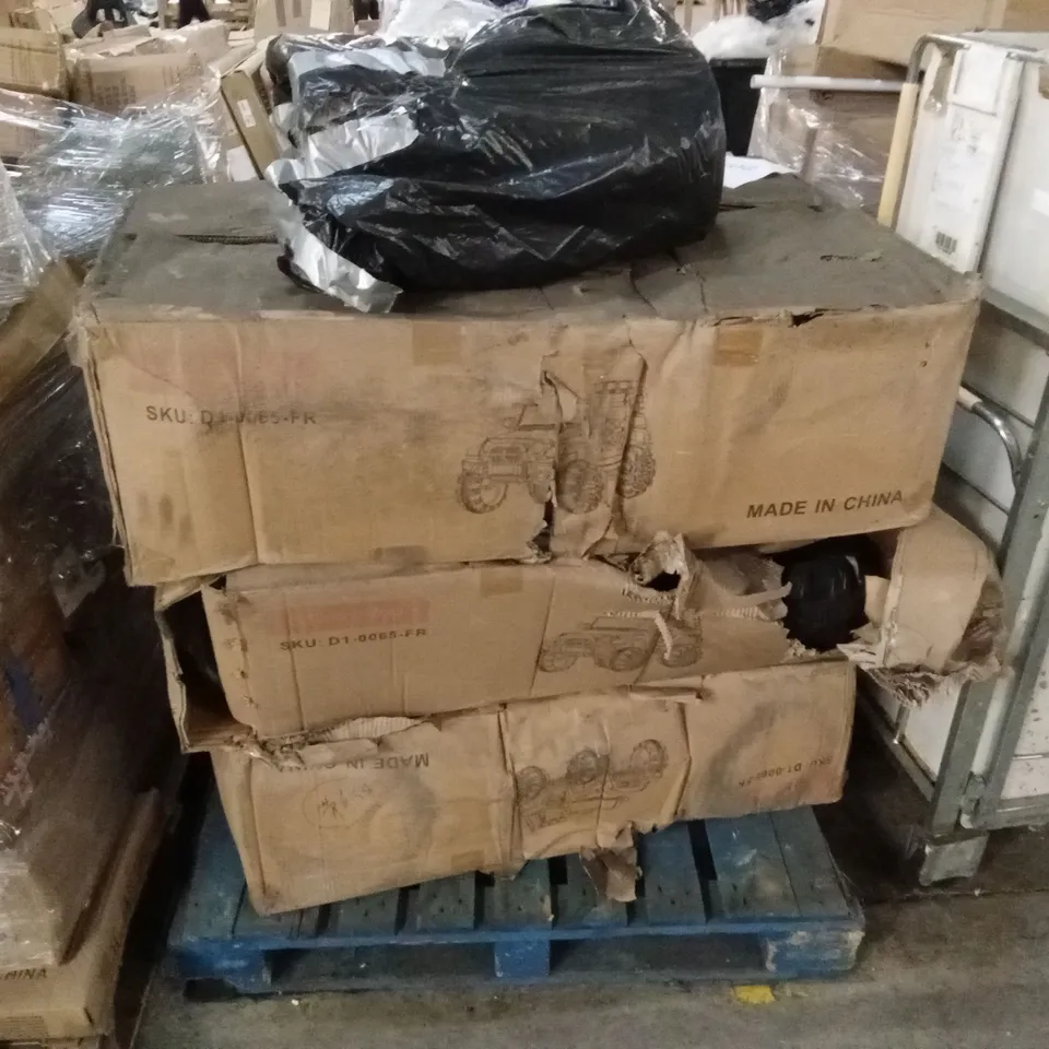 PALLET OF ASSORTED HOUSEHOLD GOODS AND PRODUCTS TO INCLUDE; KIDS RIDE ON TOYS IN DAMAGED BOXES