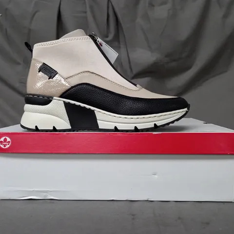 BOXED PAIR OF RIEKER HI TOP TRAINERS IN BEIGE SIZE 6.5