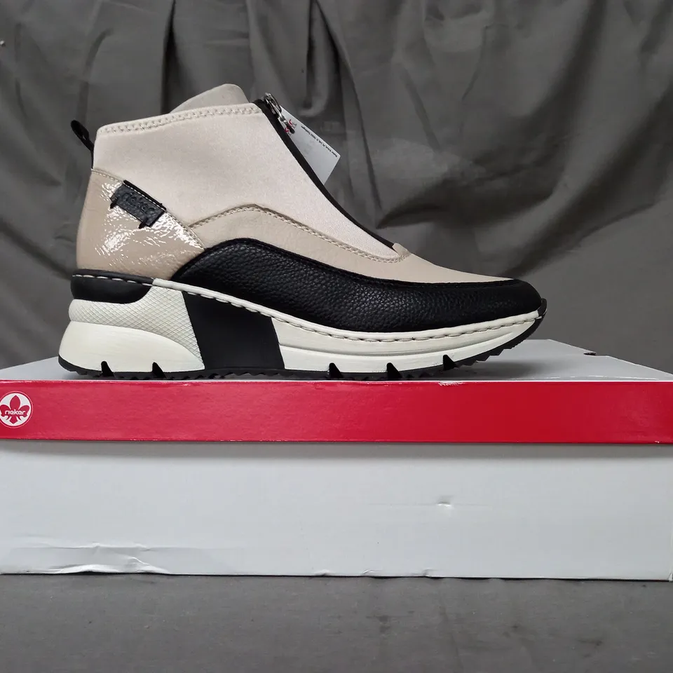 BOXED PAIR OF RIEKER HI TOP TRAINERS IN BEIGE SIZE 6.5
