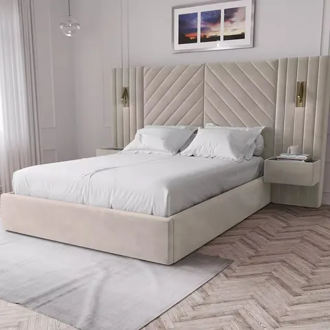 BOXED TORRANCE DOUBLE BED WITH BUILT-IN SIDE TABLES AND LIGHTS - CREAM (5 BOXES)