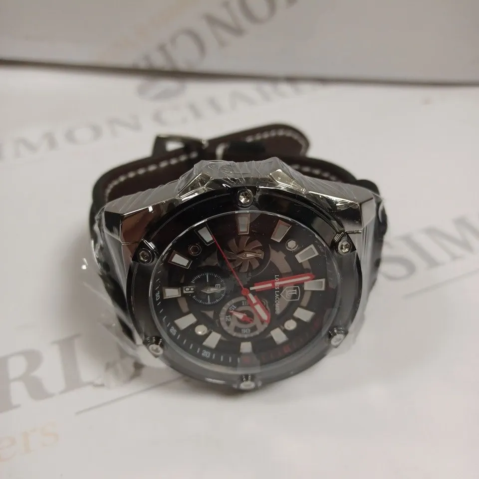 MENS LOUIS LACOMBE CHRONGRAPH WATCH – 3 SUB DIALS – SILVER COLOUR CASE – LEATHER STRAP