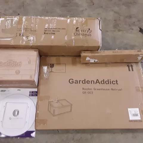 PALLET OF ASSORTED PRODUCTS INCLUDING TRUNKI KIDS SUITCASE, WOODEN GREENHOUSE, MOUNTING ADAPTOR, FLOATING SHELF, PRELIT CHRISTAMS TREE