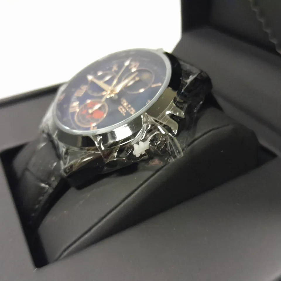 MENS TALIS CO BLACK CHRONOGRAPH WATCH WITH MOON PHASE MOVEMENT AND LEATHER STRAP IN GIFT BOX