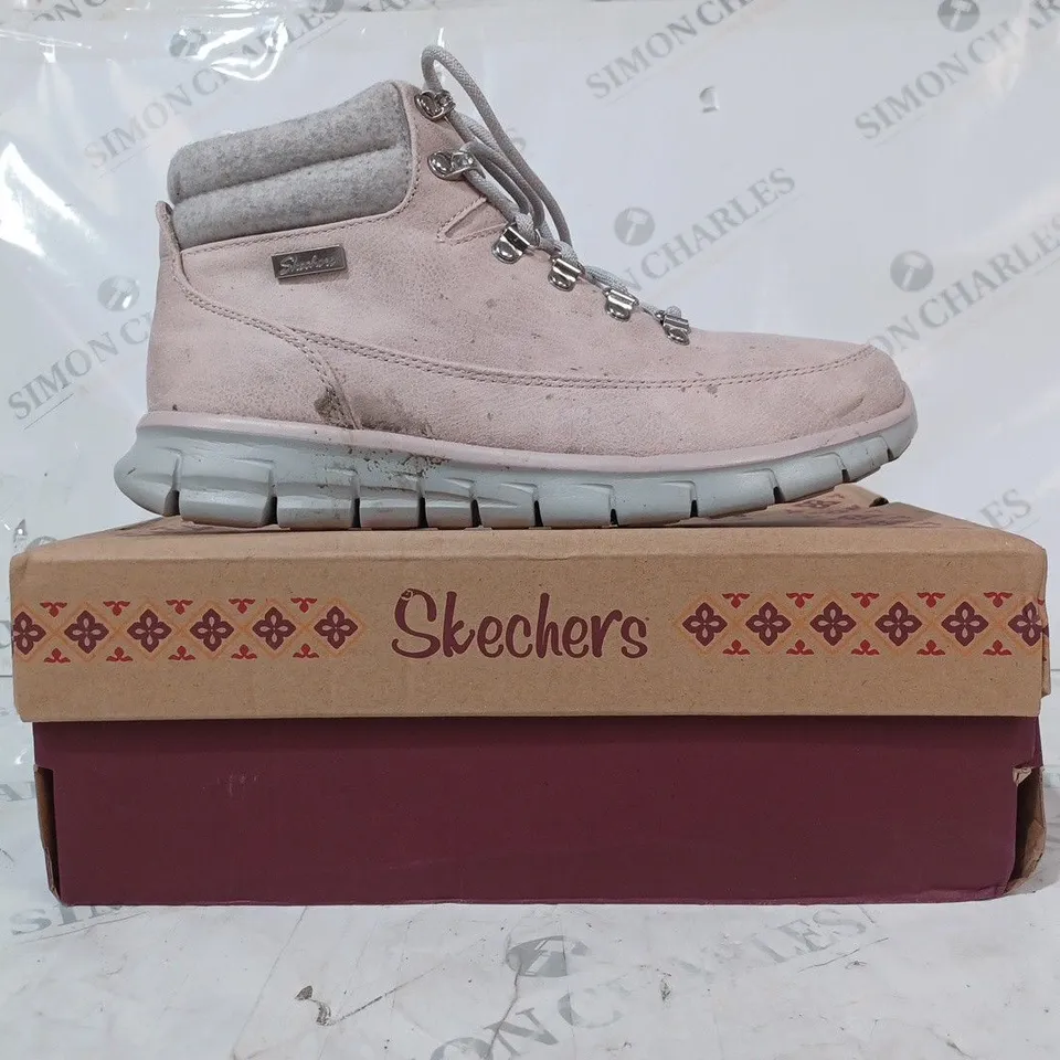 boxed pair of SKECHERS WARM BOOTS, BLUSH - SIZE 6.5