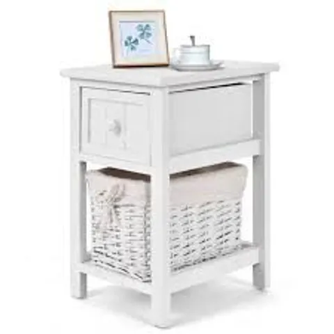 BOXED COSTWAY SINGLE DRAWER SINGLE SHELF WHITE WOOD SIDE TABLE WITH BASKET