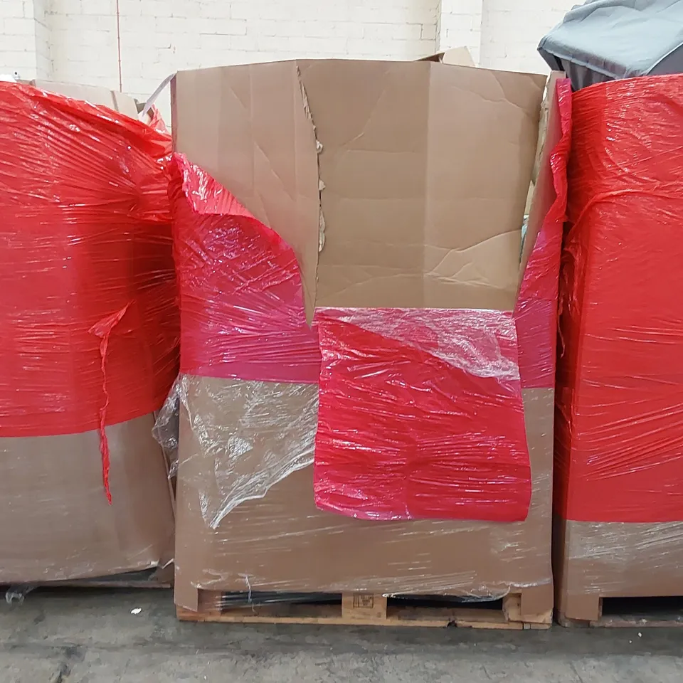 PALLET OF ASSORTED ITEMS INCLUDING: ELECTRIC CLOTHES DRYER, EASEL STUDIO TV FLOOR STAND, MULTIFUNCTIONAL PUSH-UP BOARD, PIZZA STONE, ROUND BALLON ARCH STAND