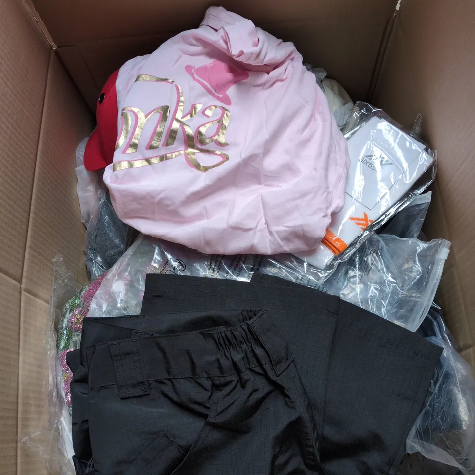 BOX OF APPROXIMATELY 20 ASSORTED CLOTHING ITEMS TO INCLUDE BLACK TROUSERS, PINK "WONKA" T SHIRT, RED CAP, SOCKS ETC