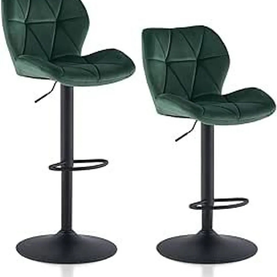 BOXED SET OF 2 DESIGNER GREEN VELVET BAR STOOLS, BLACK METAL LEGS (1 BOX)