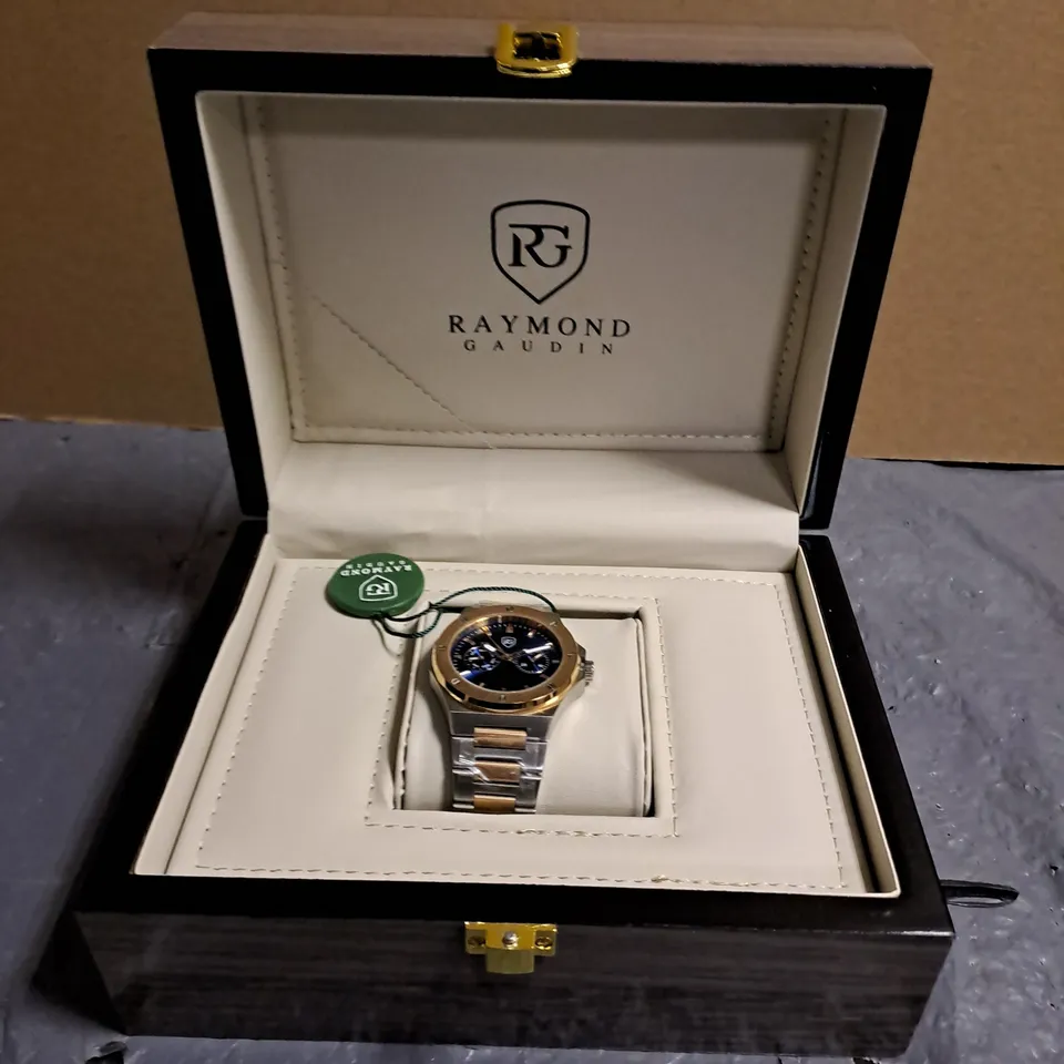 RAYMOND GADUIN 316L STAINLESS STEEL GENTS WATCH WITH BLUE FACE IN WOODEN PRESENTATION BOX