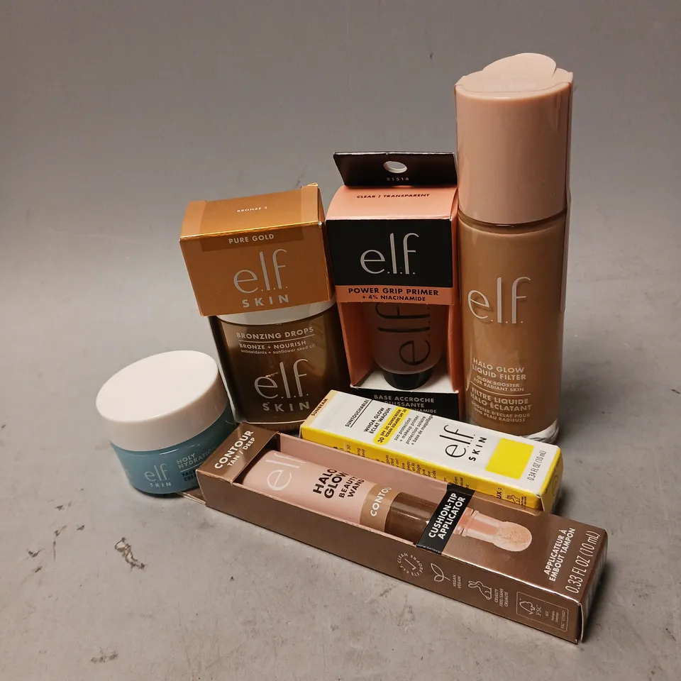 ELF LOT OF 6 PRODUCTS TO INCLUDE - HALO GLOW LIQUID FILTER - POWER GRIP PRIMER - CONTOUR BEAUTY WAND - ETC