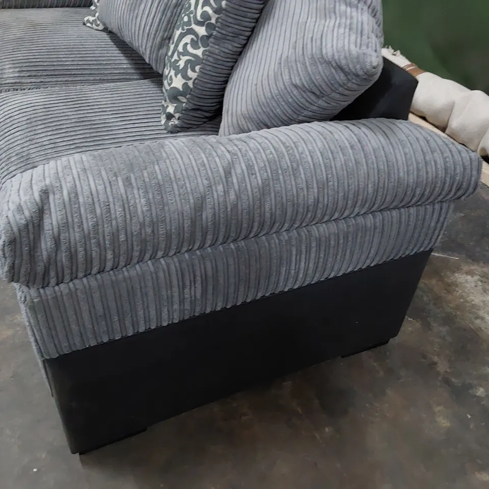 DESIGNER THREE SEATER SOFA WITH SCATTER CUSHIONS BLACK FAUX LEATHER & GREY JUMBO CHORD 