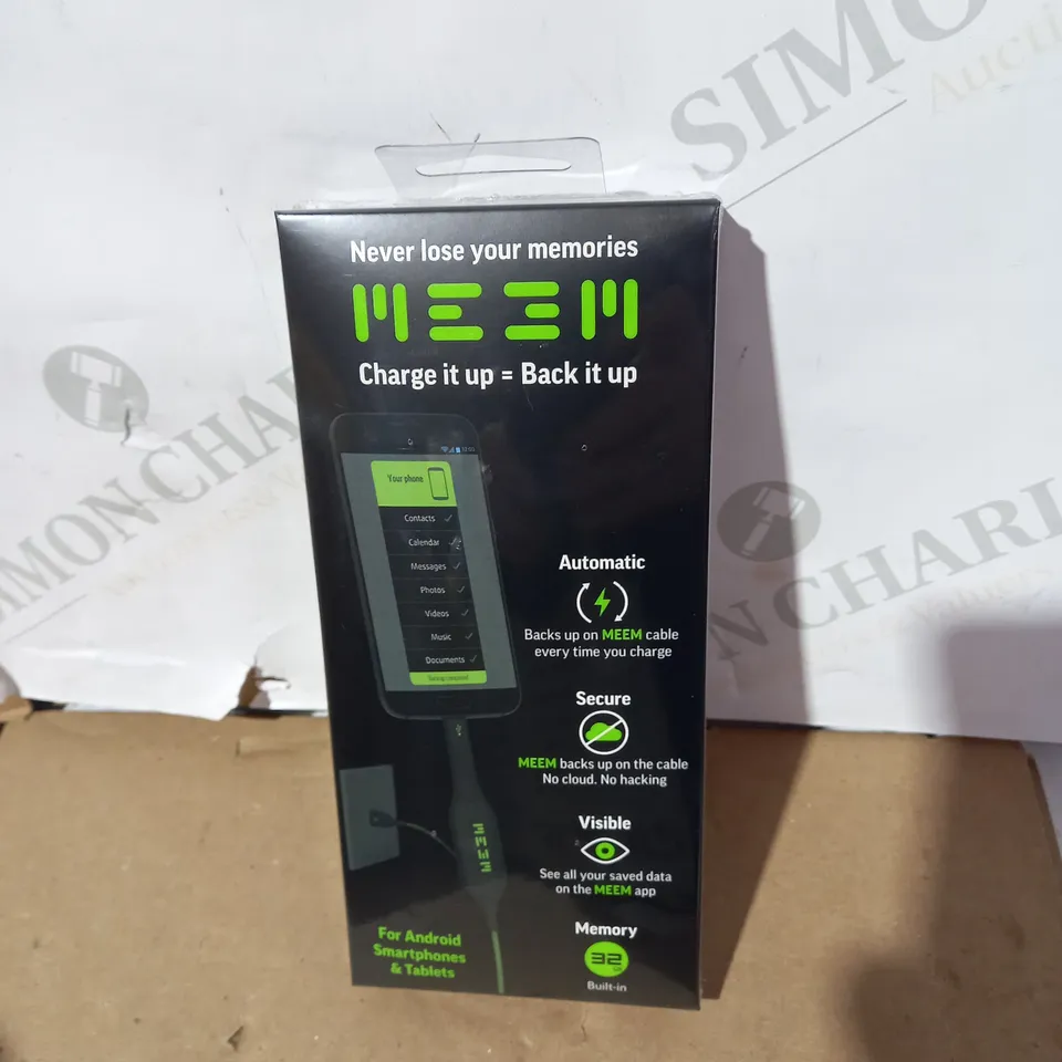 LOT OF APPROXIMATELY 10 ASSORTED MEEM MEMORY CABLES - THE CHARGER THAT AUTOMATICALLY BACKS UP YOUR PHONE OR TABLET ON TO THE CABLE