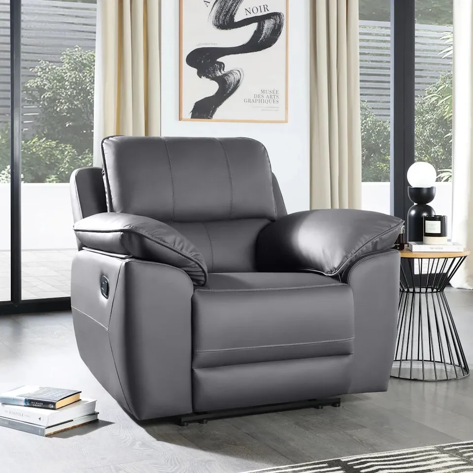 BOXED SEVILLE RECLINER ARMCHAIR, GREY PREMIUM FAUX LEATHER (1 BOX)