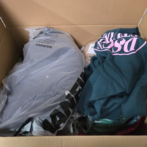 LARGE BOX OF ASSORTED CLOTHING ITEMS IN VARIOUS SIZES, STYLES AND COLOUR 