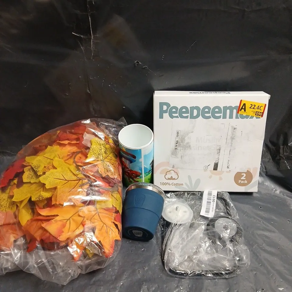 LARGE BOX OF APPROX 15 ASSORTED ITEMS TO INCLUDE CUPS, ARTIFICIAL FLOWERS AND PEEPEEMAX