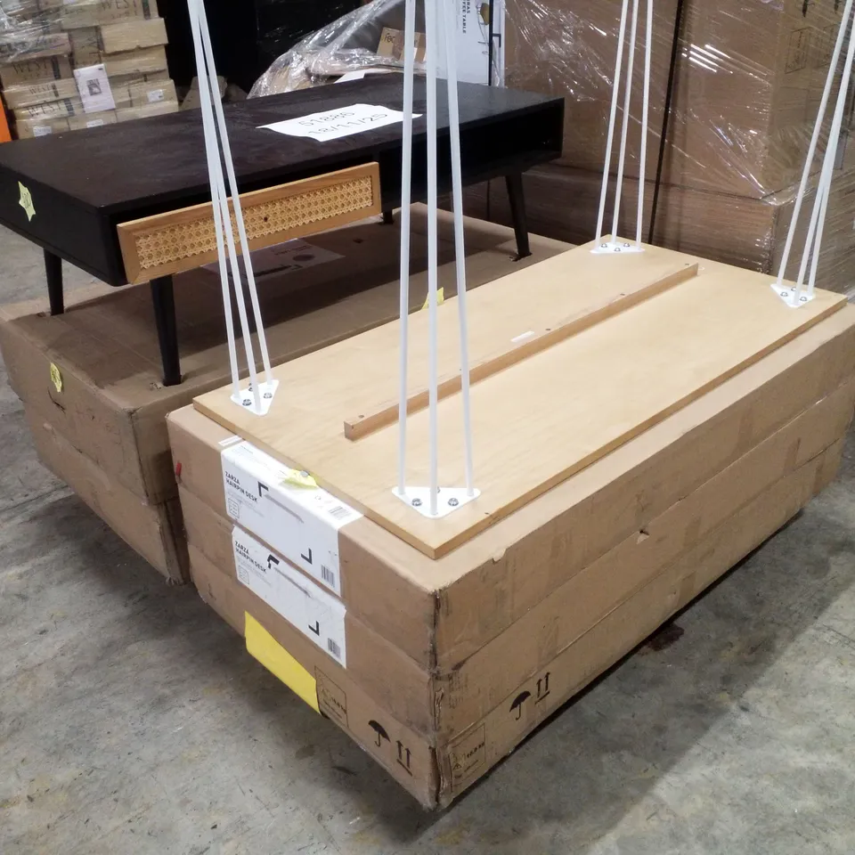 PALLET CONTAINING 4 ZARZA HAIRPIN DESKS & 3 LEONA COFFEE TABLES