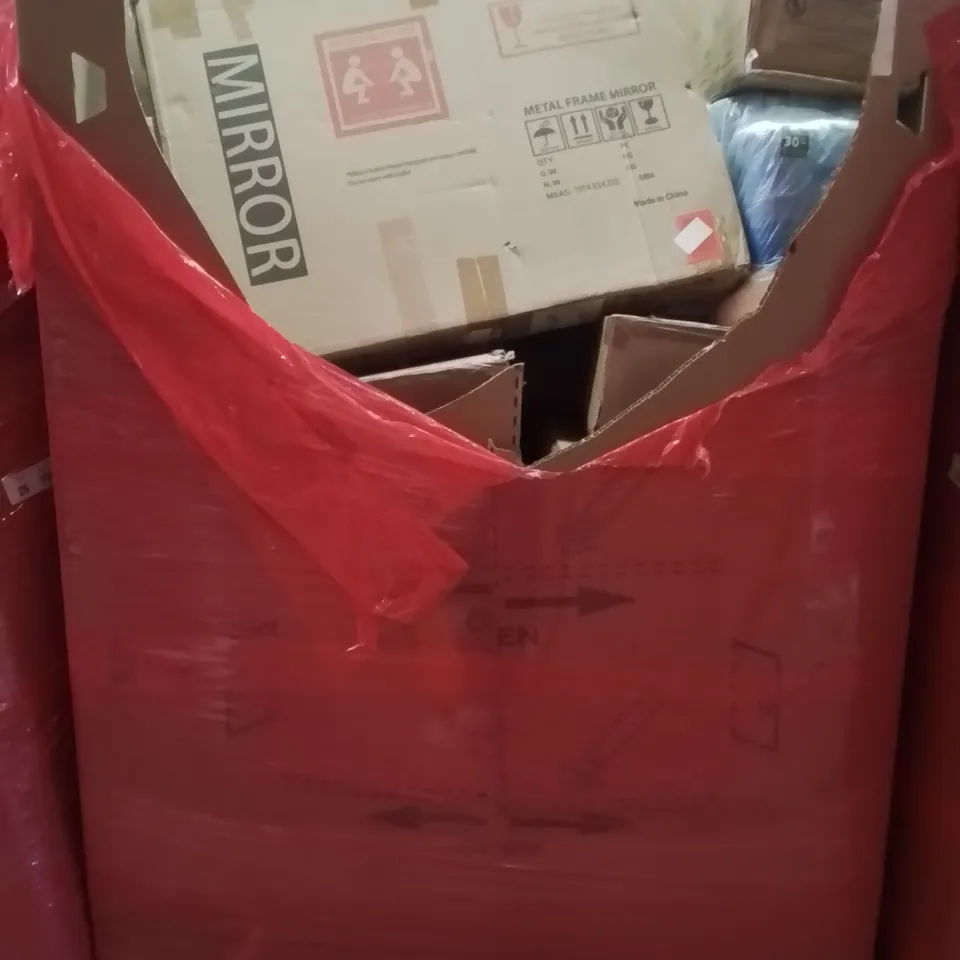 PALLET CONTAINING VARIOUS ASSORTED BOXED HOUSEHOLD ITEMS TO INCLUDE: BALANCE BIKE, HAND TOWELS, METAL FRAME MIRROR, AIR BED AND LOTS MORE UNMARKED BOXED ITEMS 