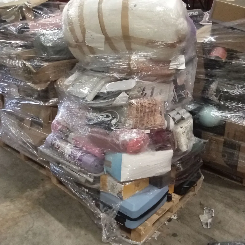 PALLET OF ASSORTED E-COMMERCE GOODS AND PRODUCTS TO INCLUDE; LINT ROLLERS, HEATER ELECTRIC THROW, SUITCASES, YOGA MATS, SLEEPING BAG ETC