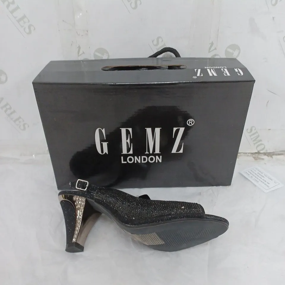 LARGE BOX OF APPROXIMATELY 10 BOXED GEMZ LONDON BLACK JEWELLED OPEN TOE HEEL IN VARIOUS SIZES 