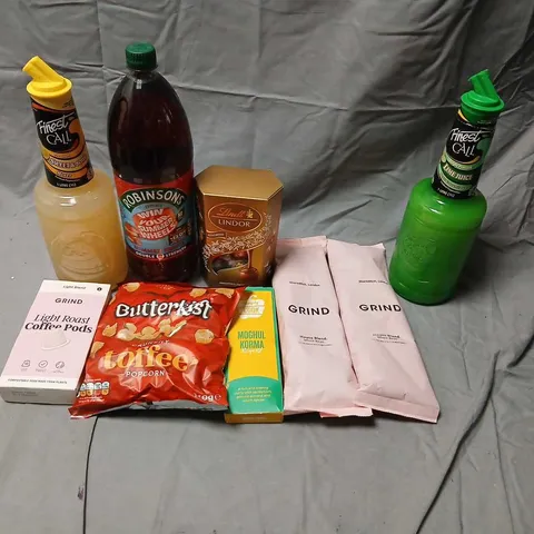 APPROXIMATELY TEN ASSORTED PRODUCTS TO INCLUDE; ROBINSONS SUMMER FRUITS 1.75L, FINEST CALL LEMON JUICE AND SWEET AND SOUR MIX, FRIND HOUSE BLEND BEANS AND LINDT ASSORTED 200G