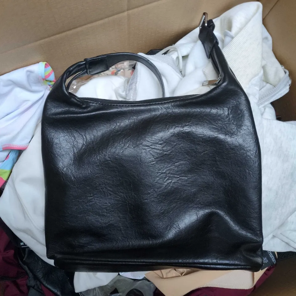 BOX OF CLOTHING WITH BLACK LEATHER HANDBAG – MIXED APPAREL LOT