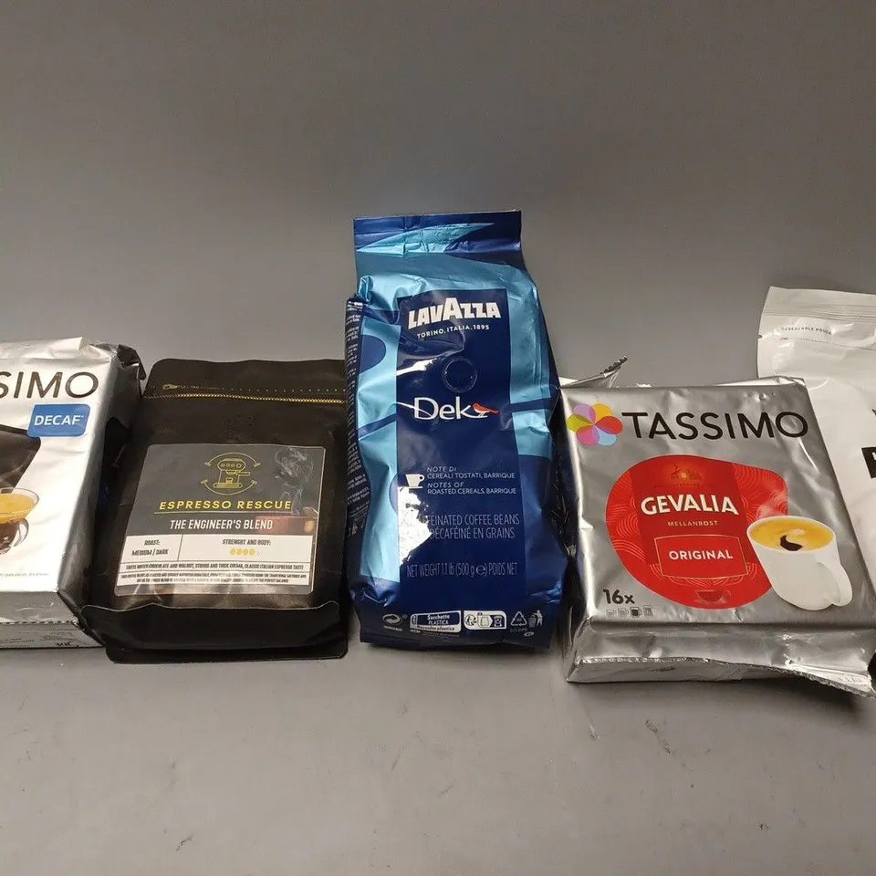 BOX OF APPROX 8 ASSORTED FOOD ITEMS TO INCLUDE - MY PROTEIN PANCAKE MIX - TASSIMO GEVALIA ORIGINAL - LAVAZZA DEK ECT