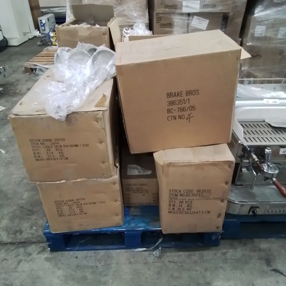 PALLET CONTAINING VARIOUS COOKING UTENSILS TO INCLUDE,APPROXIMATELY 80 16OZ LADLES, 160 SLOTTED SERVING SPOONS, 40 FISH SLICES, 96 METAL WHISKS AND 160 21OZ LADELS