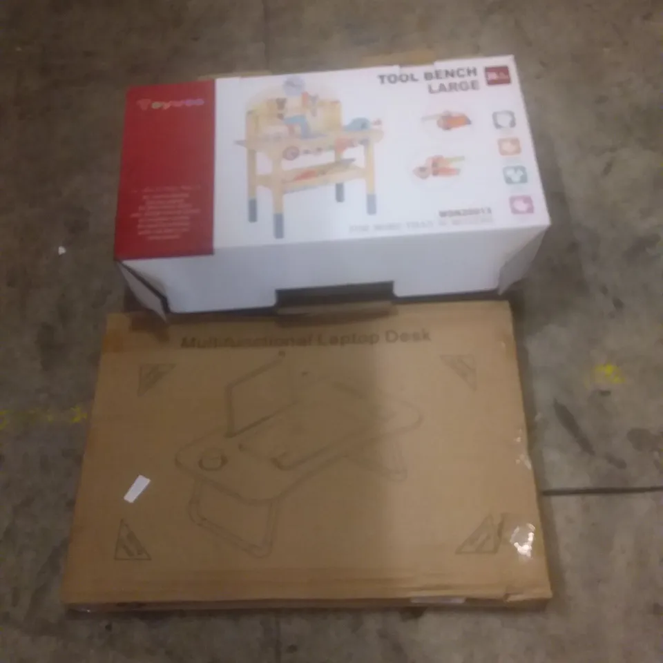 PALLET OF ASSORTED HOUSEHOLD PRODUCTS AND ITEMS, INCLUDING; TOILET SEAT, PET CRATE, LAPTOP DESK STAND, KIDS PLAY TOOLBENCH, BOXED FURNITURE ETC 