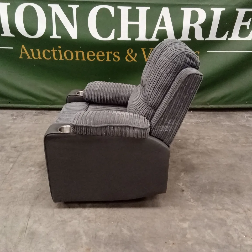 DESIGNER GREY CORDUROY FABRIC & FAUX LEATHER POWER RECLINER CHAIR WITH CUP HOLDERS