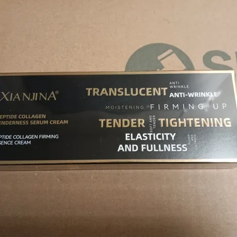 TOTE OF APPROXIMATELY 10 SEALED XIANJINA PEPTIDE COLLAGEN TENDERNESS SERUM CREAM & FIRMING ESSENCE CREAM – TRANSLUCENT ANTI-WRINKLE SKINCARE BOX 