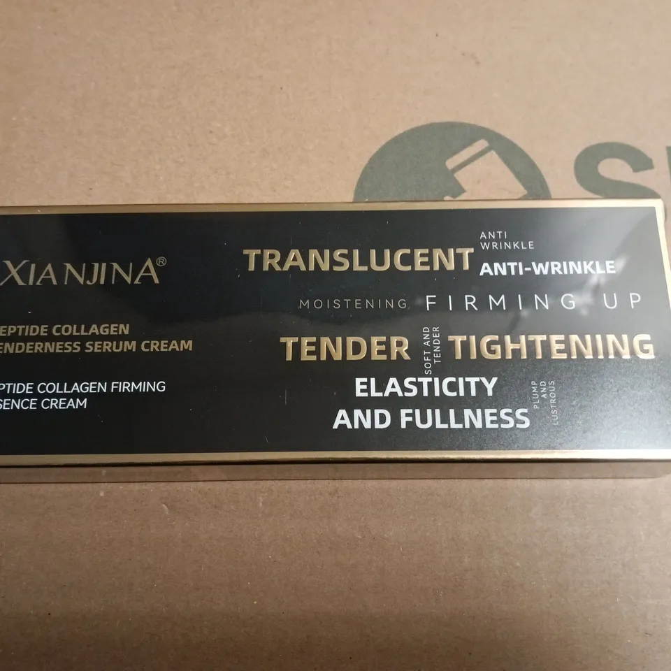 TOTE OF APPROXIMATELY 10 SEALED XIANJINA PEPTIDE COLLAGEN TENDERNESS SERUM CREAM & FIRMING ESSENCE CREAM – TRANSLUCENT ANTI-WRINKLE SKINCARE BOX 
