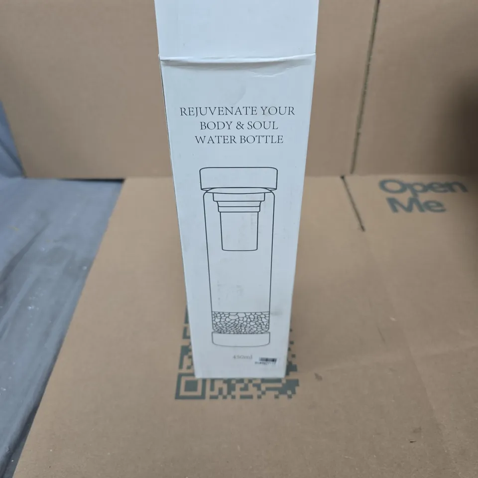 REJUVENATE YOUR BODY & SOUL WATER BOTTLE 450ML WITH STAINLESS STEEL INFUSER AND GREY SLEEVE ASSORTED STONE COLOURS 
