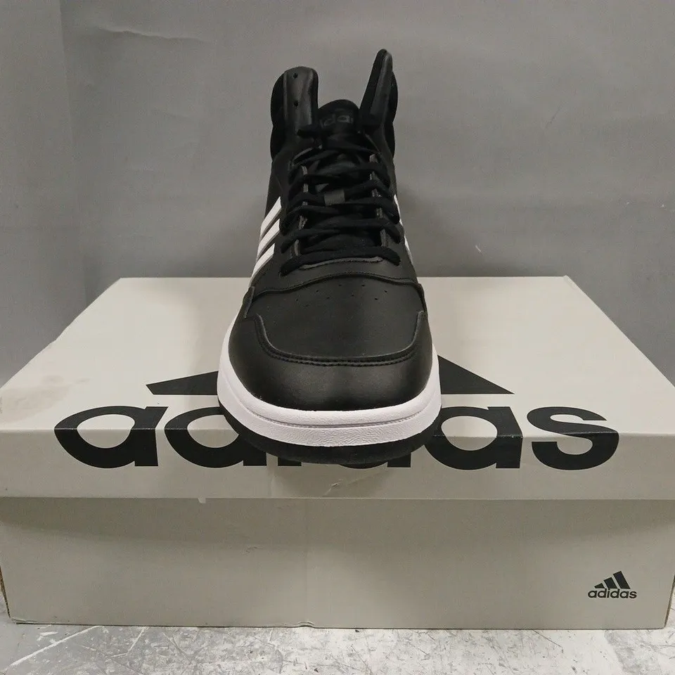 BOXED PAIR OF ADIDAS HOOPS 3.0 MID SHOES IN BLACK/WHITE SIZE UK 12.5