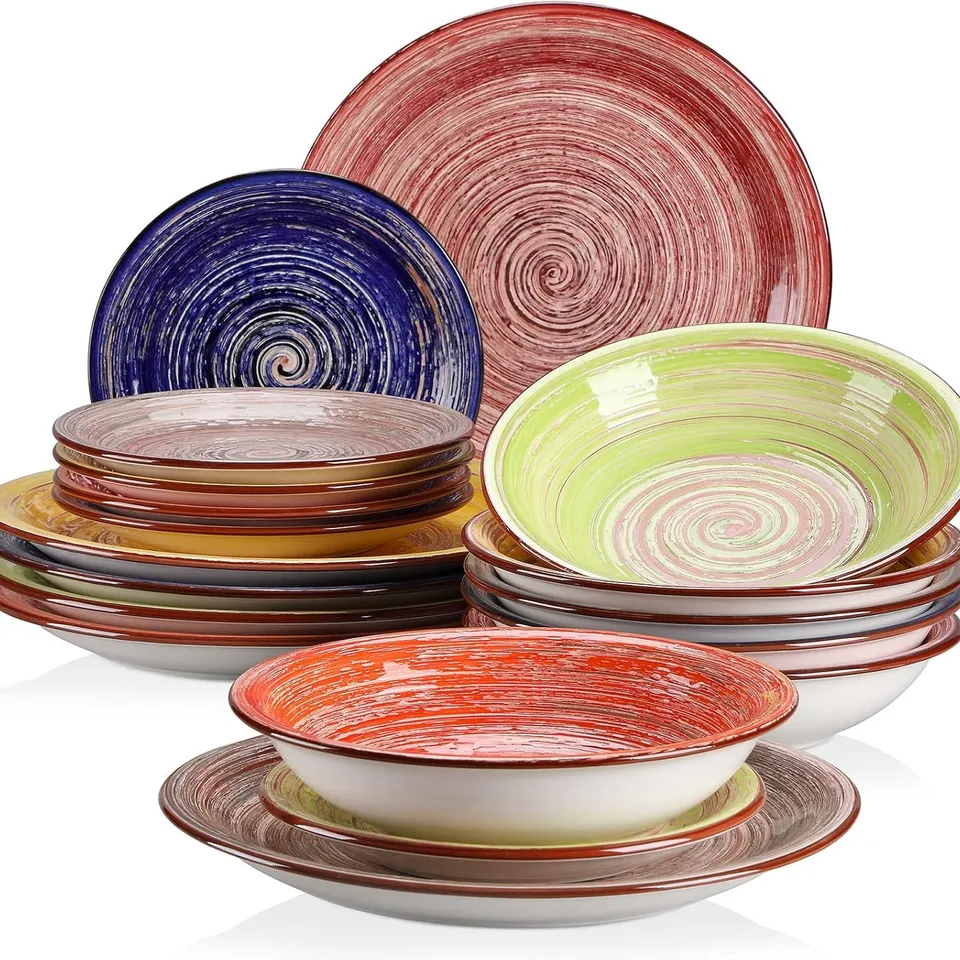 BOXED VANCASSO ALBERO DINNER SET FOR 6, STONEWARE DINNERWARE SET HANDPAINTED TABLEWARE, 18-PIECE MULTICOLOUR CERAMIC COMBINATION SET WITH DINNER PLATE/DESSERT PLATE/SOUP BOWL, RUSTIC CHIC STYLE