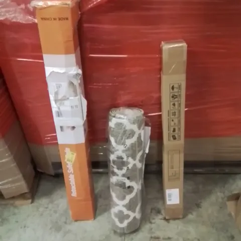 PALLET OF ASSORTED HOUSEHOLD GOODS AND PRODUCTS TO INCLUDE;RETRACTABLE SAFETY GATE,AREA RUG,SLIMLINE LED LIGHT