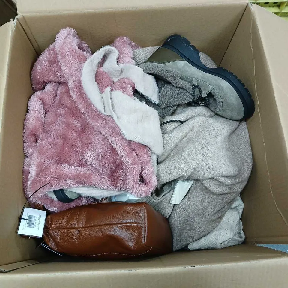 BOX OF APPROXIMATELY 12 ASSORTED ITEMS TO INCLUDE - BOOTS, SANDALS, AND ASSORTED CLOTHING ETC. 